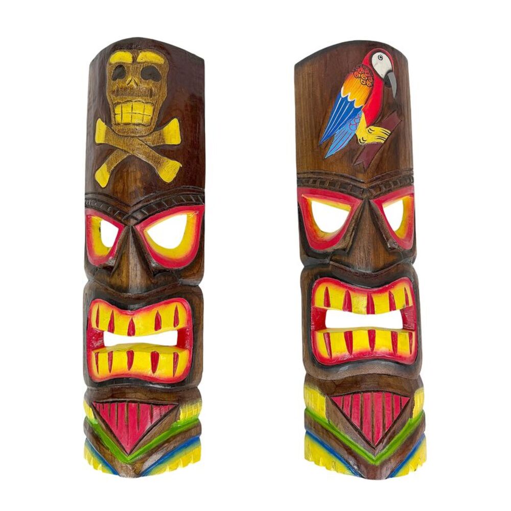 Set of 2 Tiki Wall Masks Hand Carved Wood 19.75 in Parrot Skull Decor